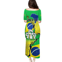 Green graphic long dress with wide back neckline and Brazil flag map print