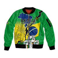 Green zip-up bomber jacket with ribbed collar and front graphic print