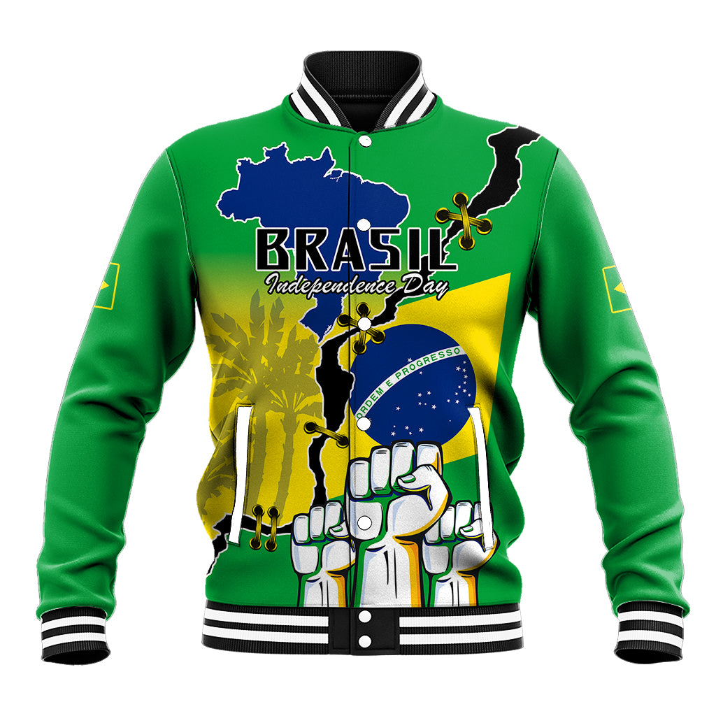 Green unisex baseball jacket with striped collar, ribbed cuffs, and front graphic