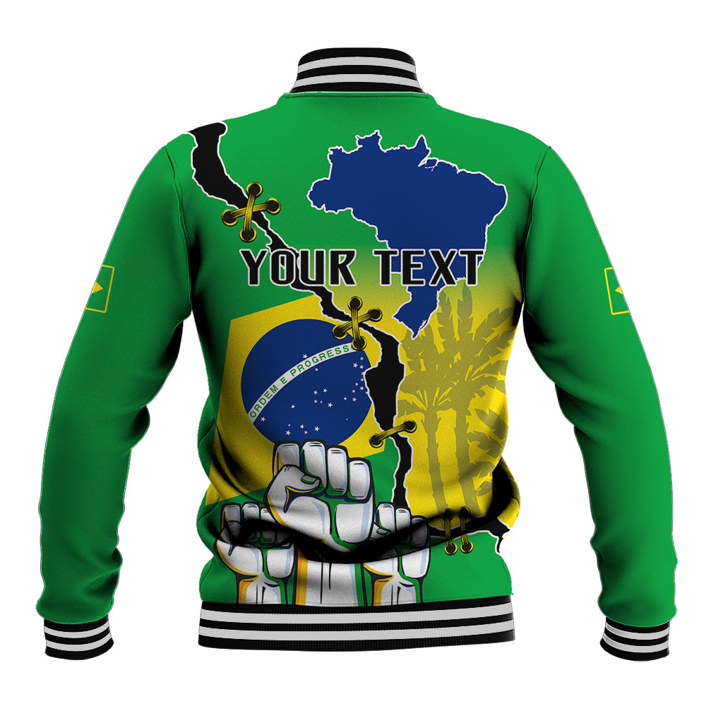 Green unisex baseball jacket with striped back collar, ribbed cuffs, 'YOUR TEXT' graphic