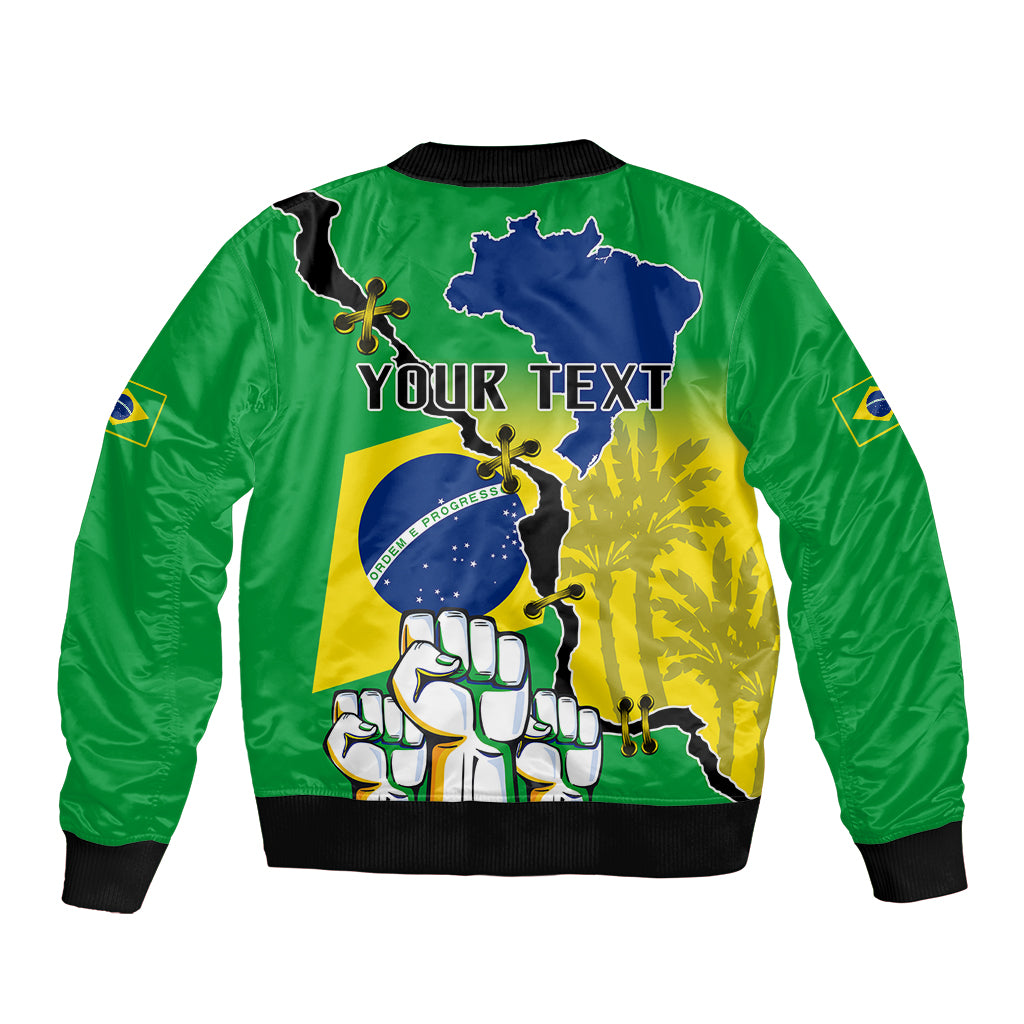 Green bomber jacket back with Brazil flag graphic and editable text