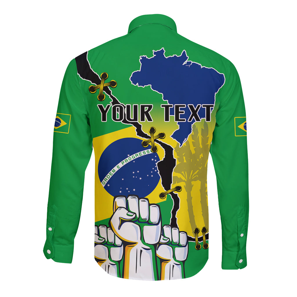 Green long-sleeve button shirt with back 'YOUR TEXT' Brazil Independence Day graphic