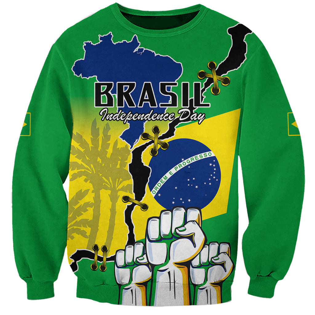 Unisex green sweatshirt with front Brazil map graphic and BRASIL Independence Day print