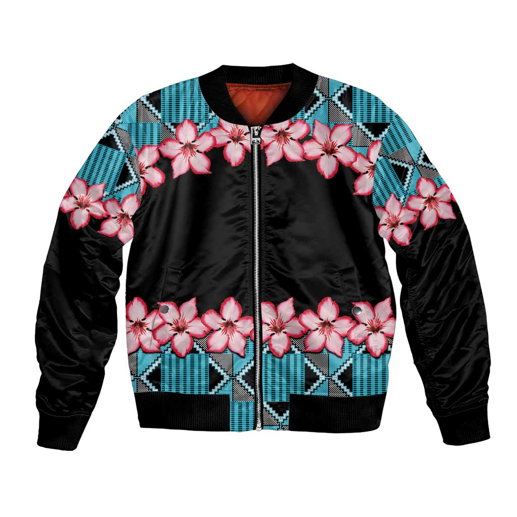 Unisex bomber jacket, black satin with blue geometric bands and pink hibiscus flowers