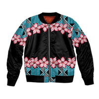 Unisex bomber jacket, black satin with blue geometric bands and pink hibiscus flowers