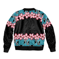 Unisex bomber jacket back view, black satin with blue geometric bands and pink hibiscus flowers