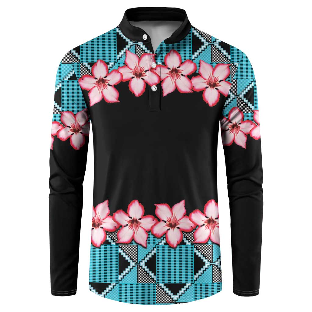 Button sweatshirt with black body, pink orchid print, blue Kente-style trim