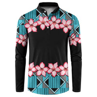 Button sweatshirt with black body, pink orchid print, blue Kente-style trim