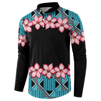 Button sweatshirt with high collar, black front, pink flowers, blue patterned trim