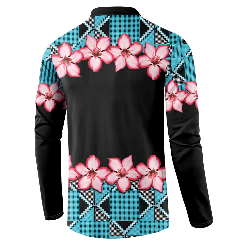 Button sweatshirt back view: black with pink flower print and blue geometric trim