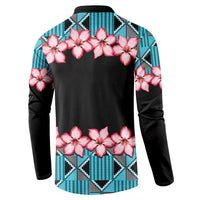 Button sweatshirt back view: black with pink flower print and blue geometric trim