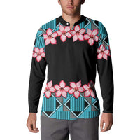 Mens button sweatshirt worn on model: black with pink flowers and blue geometric trim