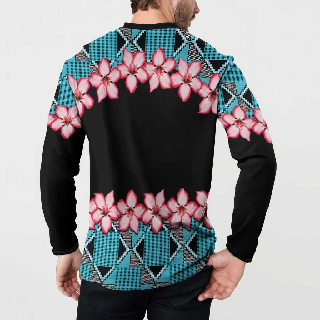 Mens button sweatshirt back view on model: pink flowers on black with blue geometric trim