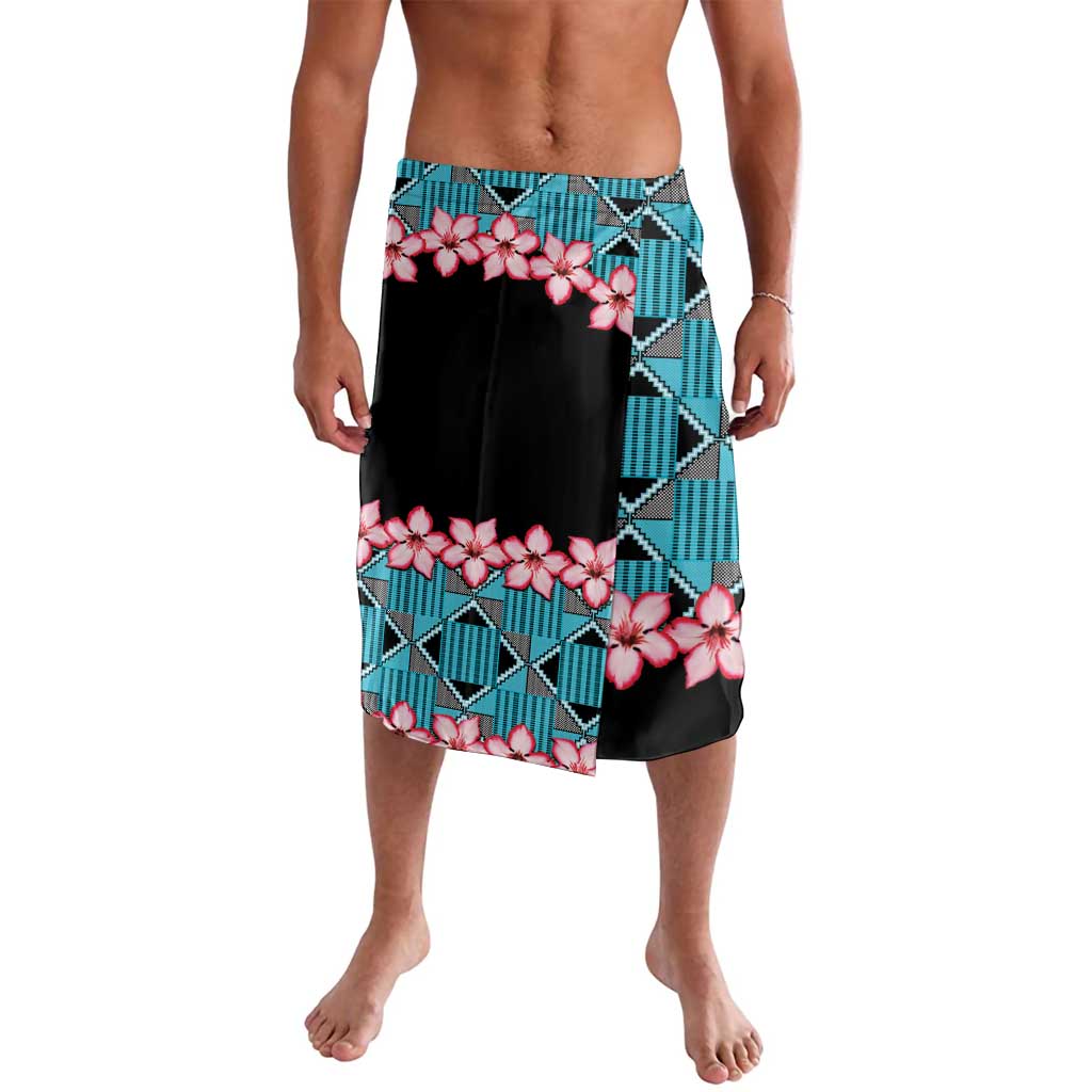 Turquoise and black floral kente-style wrap skirt with asymmetric hem