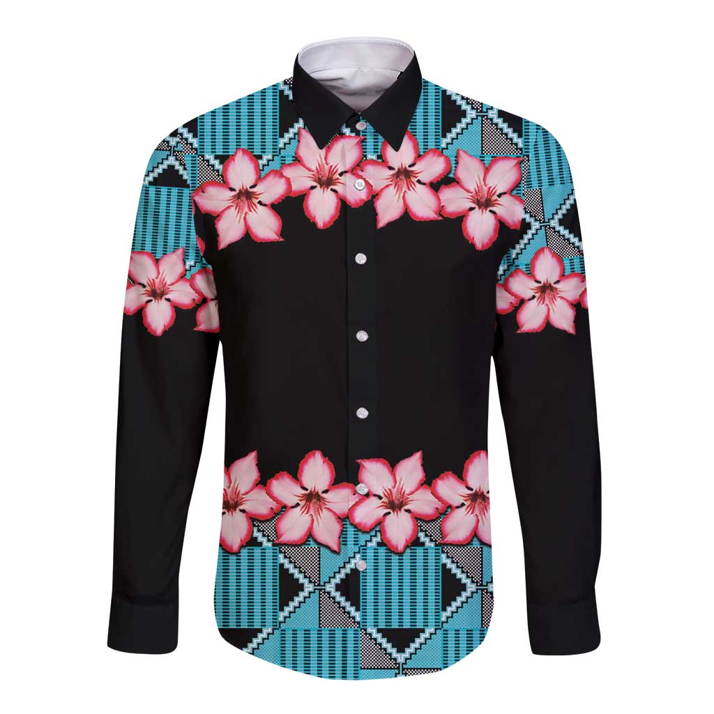 Long-sleeve button shirt, black with blue patterned panels and pink flower print