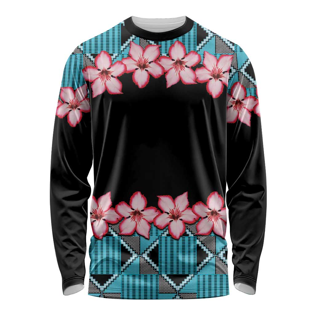 Unisex long-sleeve crewneck shirt, black with pink flowers and blue kente pattern trim