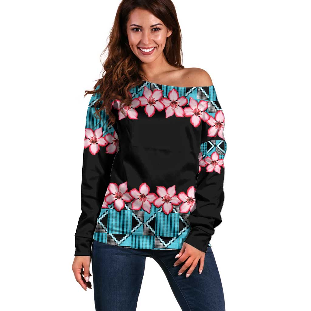 African Adenium Multiflorum Flowers Off Shoulder Sweater with Kente Style - Wonder Print Shop