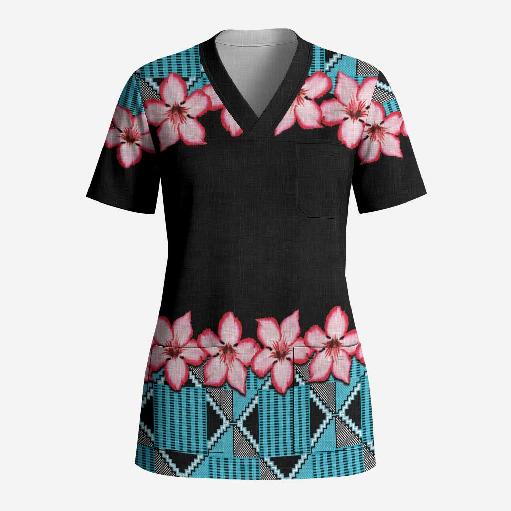 African Adenium Multiflorum Flowers Scrub Top with Kente Style