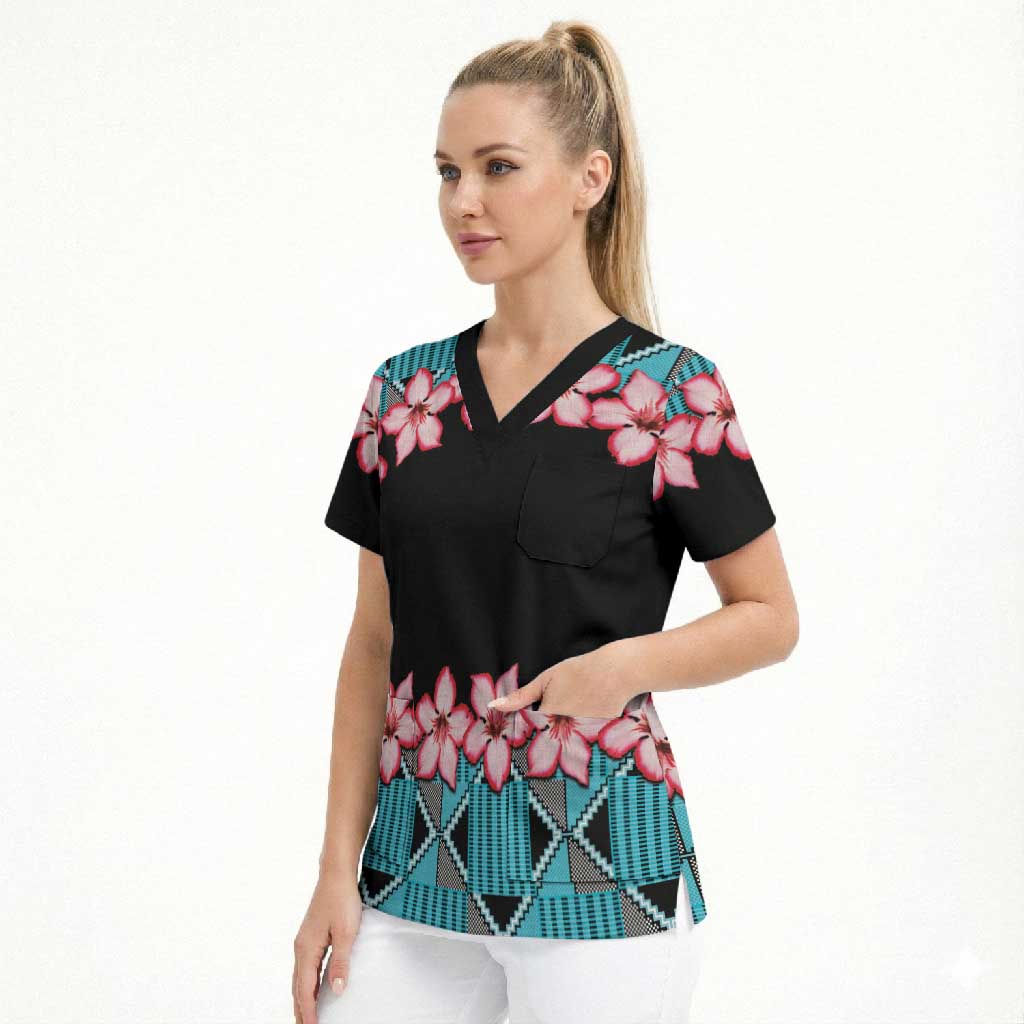 African Adenium Multiflorum Flowers Scrub Top with Kente Style