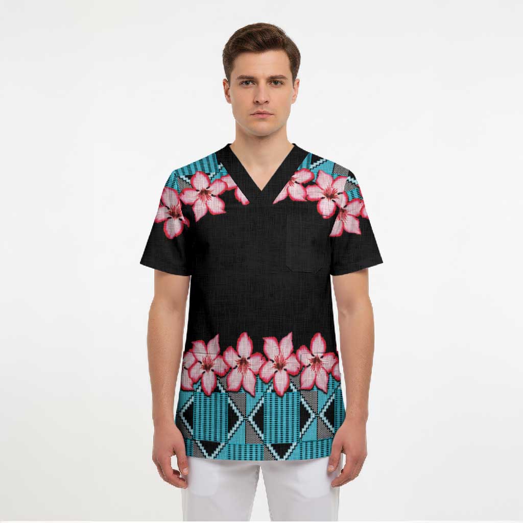 African Adenium Multiflorum Flowers Scrub Top with Kente Style