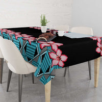 Dining tablecloth: black with red hibiscus flowers and blue zigzag Kente-style band
