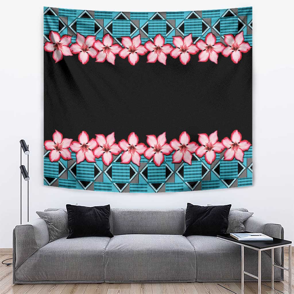 Blue and black floral wall tapestry with pink blossoms and geometric border