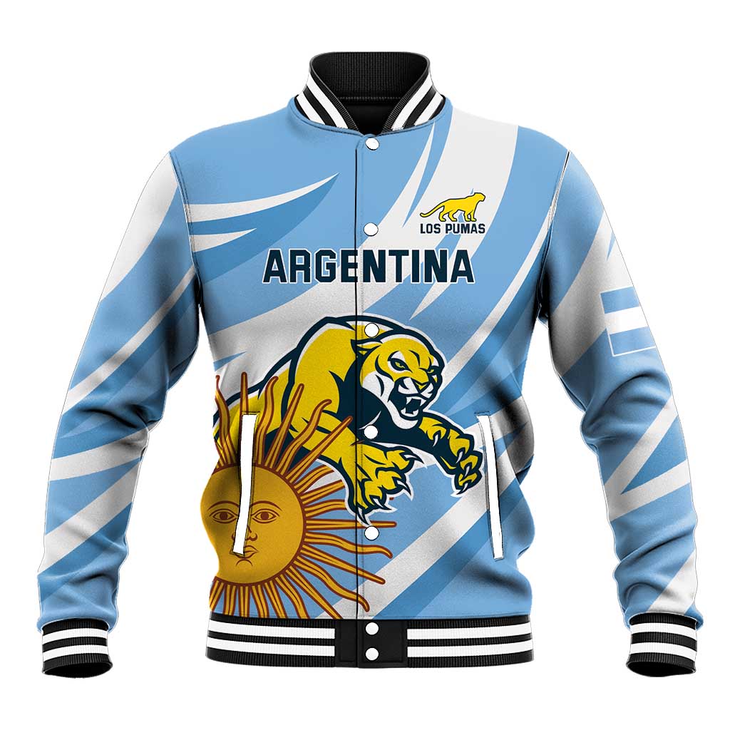 Light blue varsity baseball jacket with snap buttons, Argentina logo and front mascot graphic