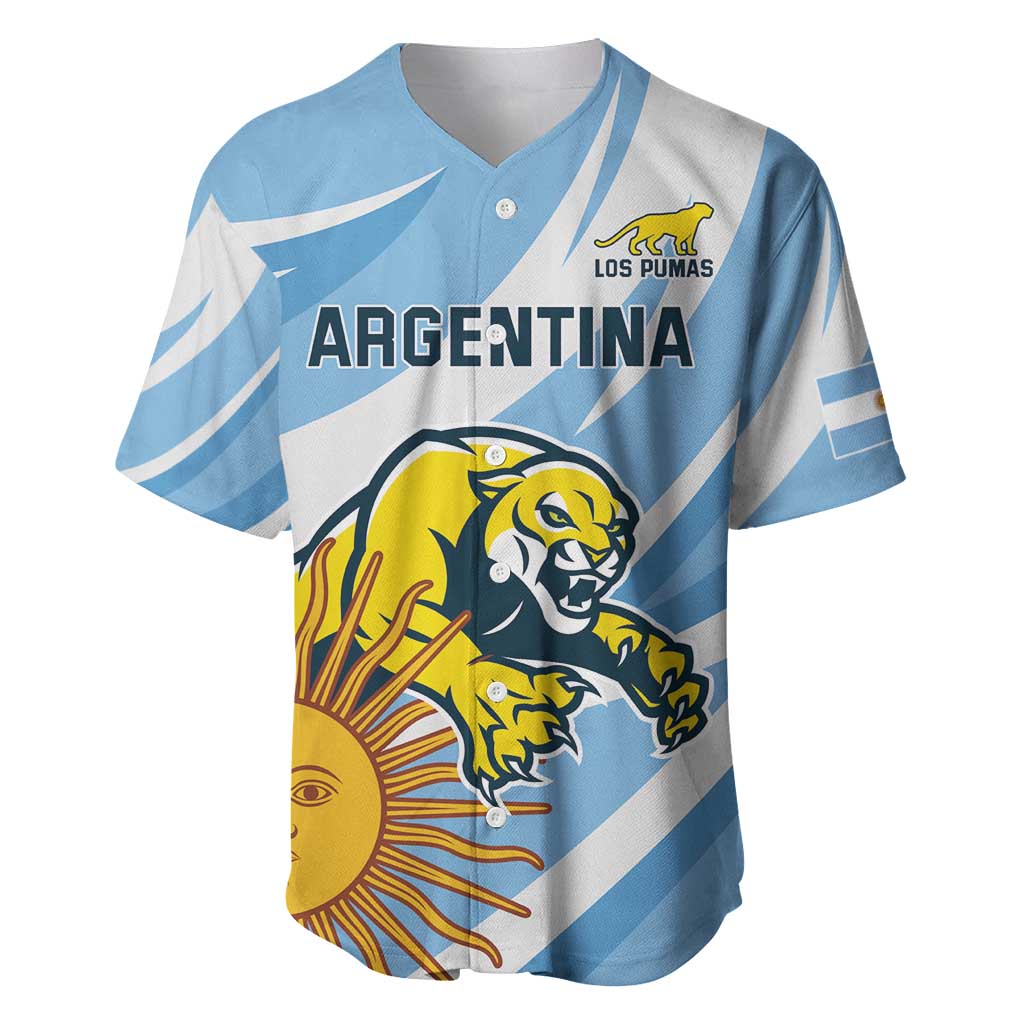 Blue Argentina rugby baseball jersey with Los Pumas crest and sun-and-beam graphic