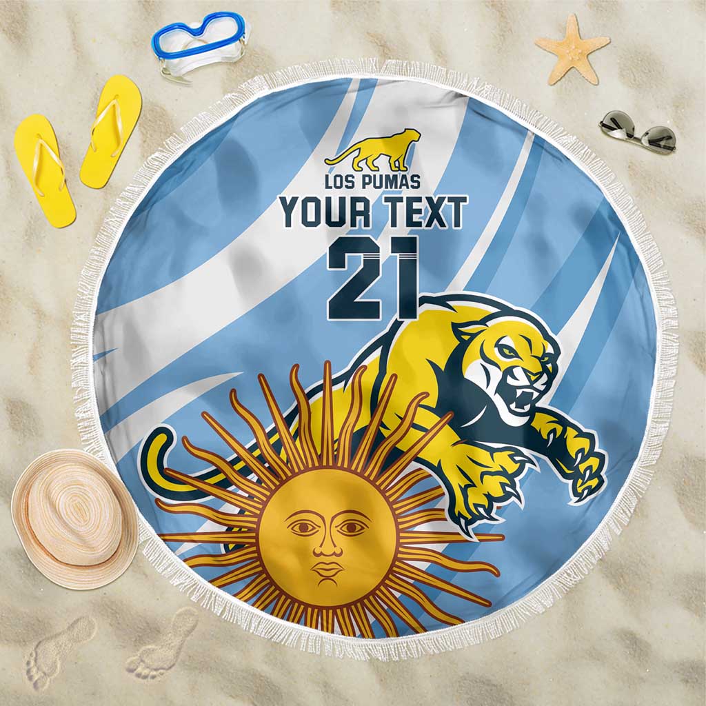 Blue round beach blanket with white fringe, sun and puma graphic, custom text 21