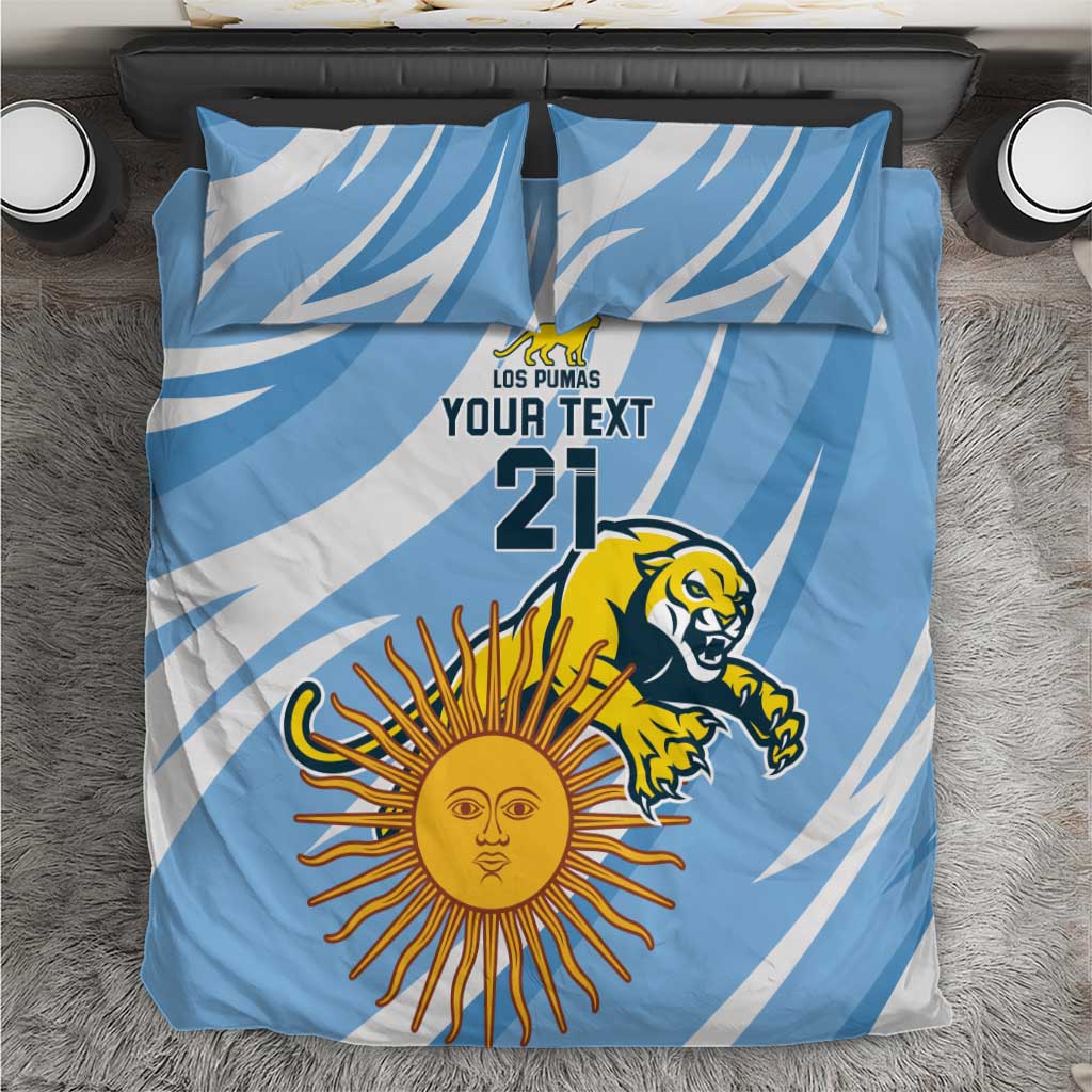 Blue and white rugby bedding set with “Los Pumas”, “Your Text 21”, sun and puma graphic