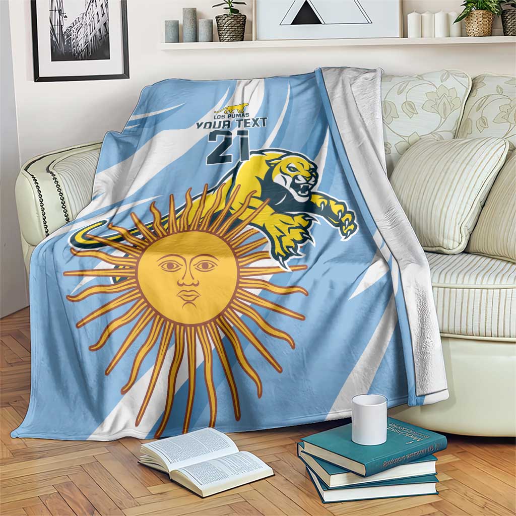 Argentina rugby champion blanket in blue with white stripe, sun and puma, and 'YOUR TEXT'.