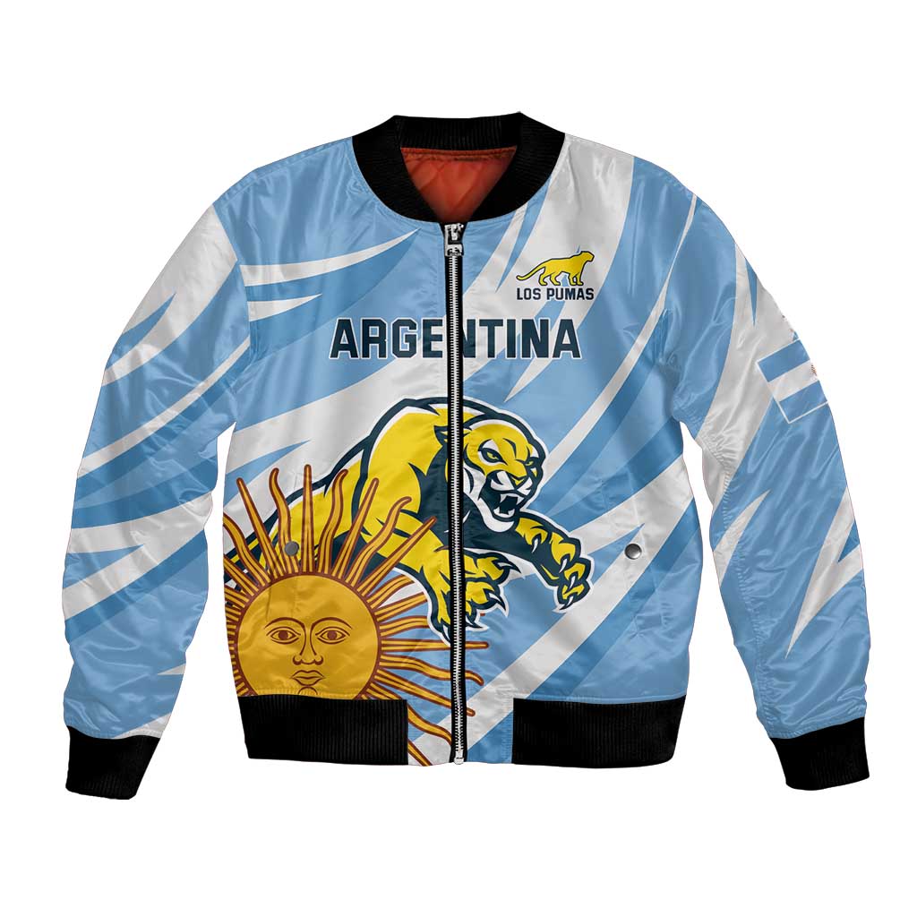 Light blue bomber jacket with full-zip, ribbed trim, Argentina lion and sun graphic