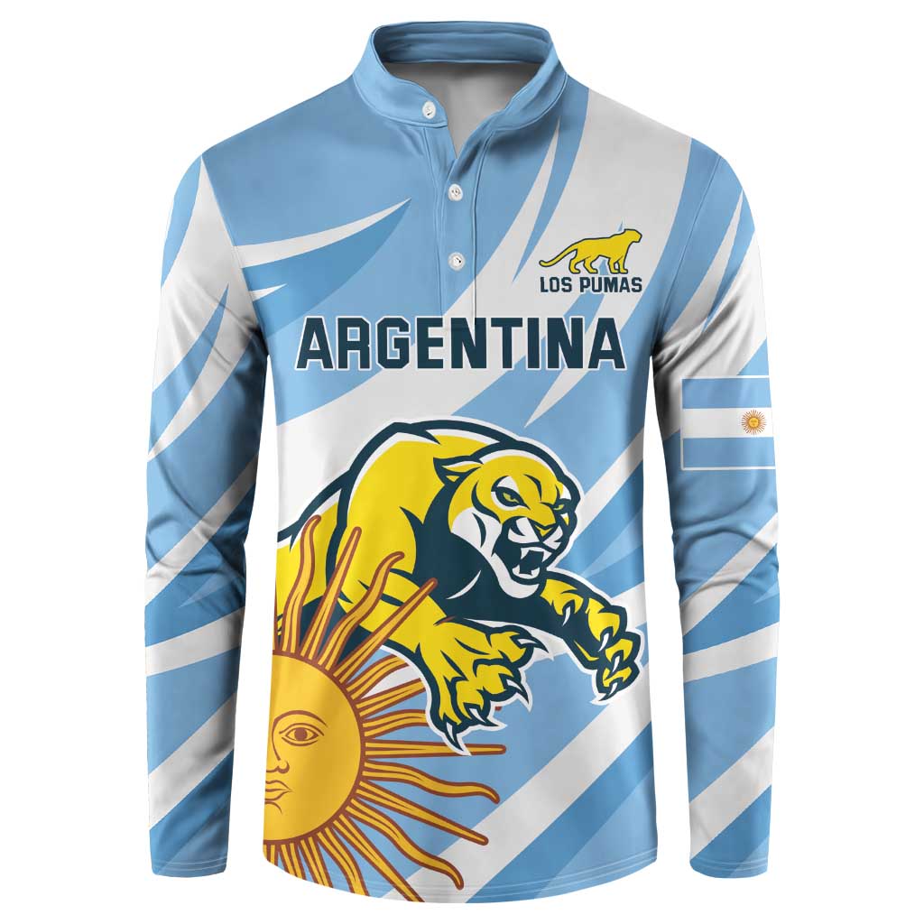 Light blue rugby button sweatshirt with white stripes and Argentina logo crest