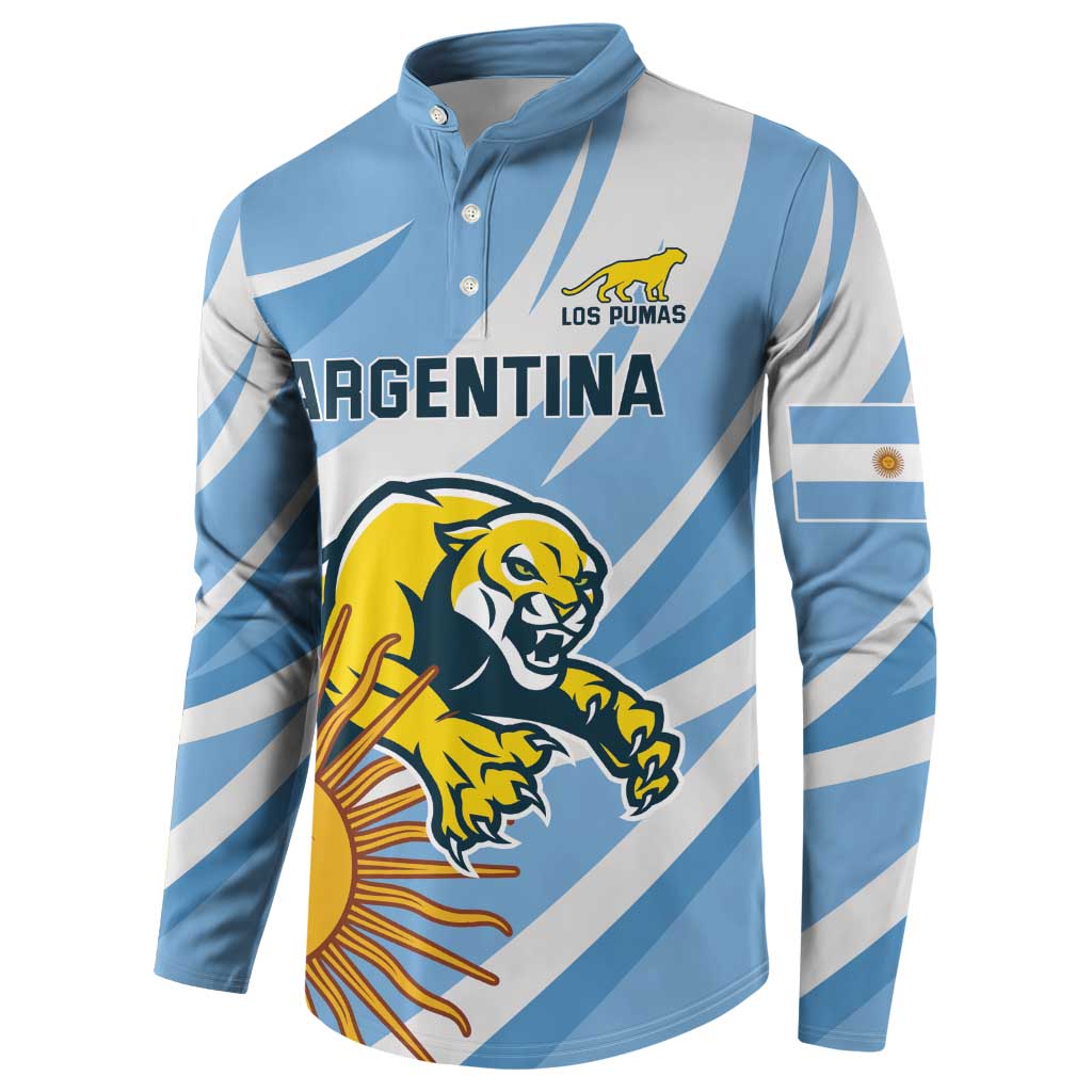 Light blue rugby button sweatshirt with white diagonal stripes and Los Pumas logo