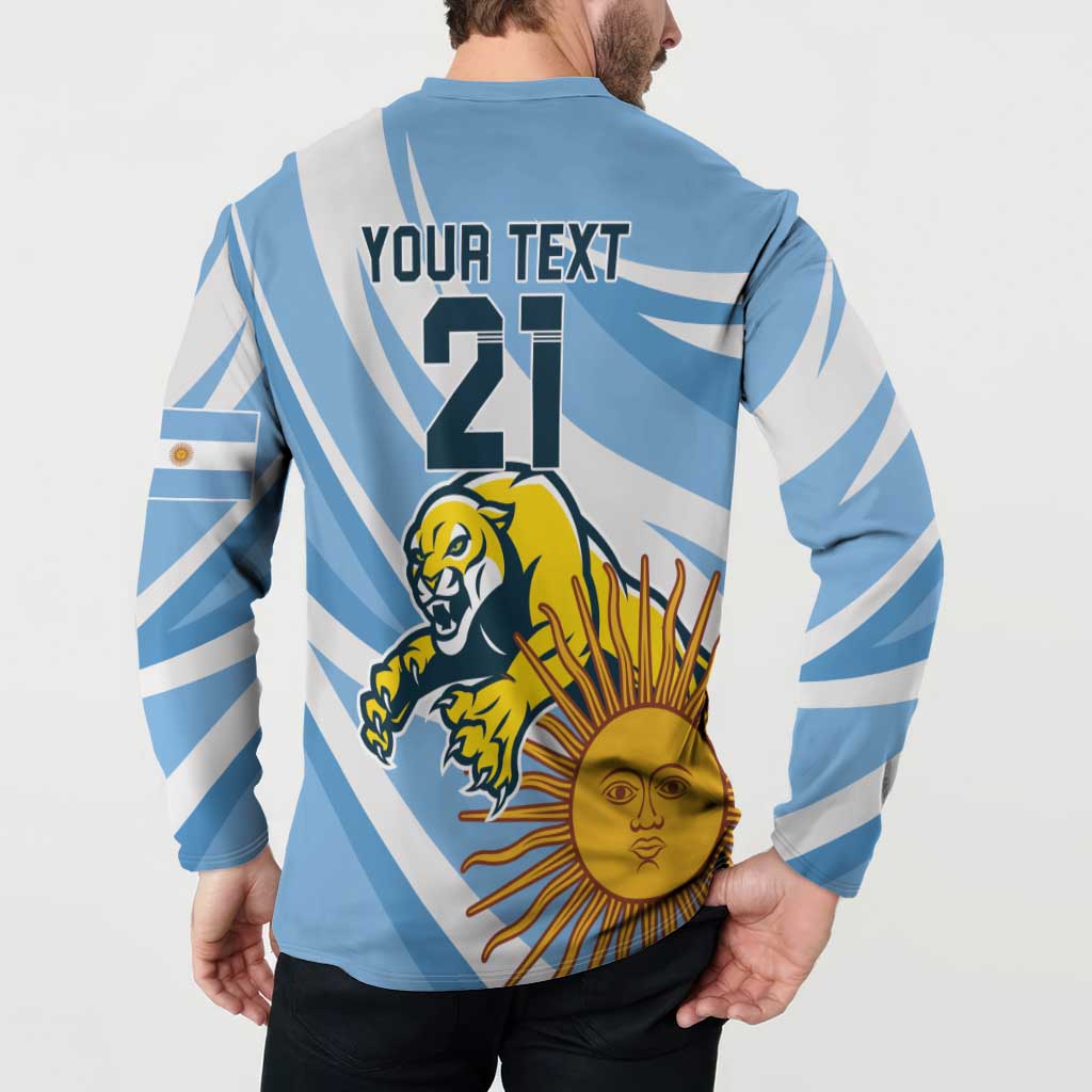 Light blue rugby button sweatshirt, back print with YOUR TEXT 21 and sun face graphic