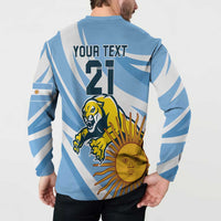 Light blue rugby button sweatshirt, back print with YOUR TEXT 21 and sun face graphic