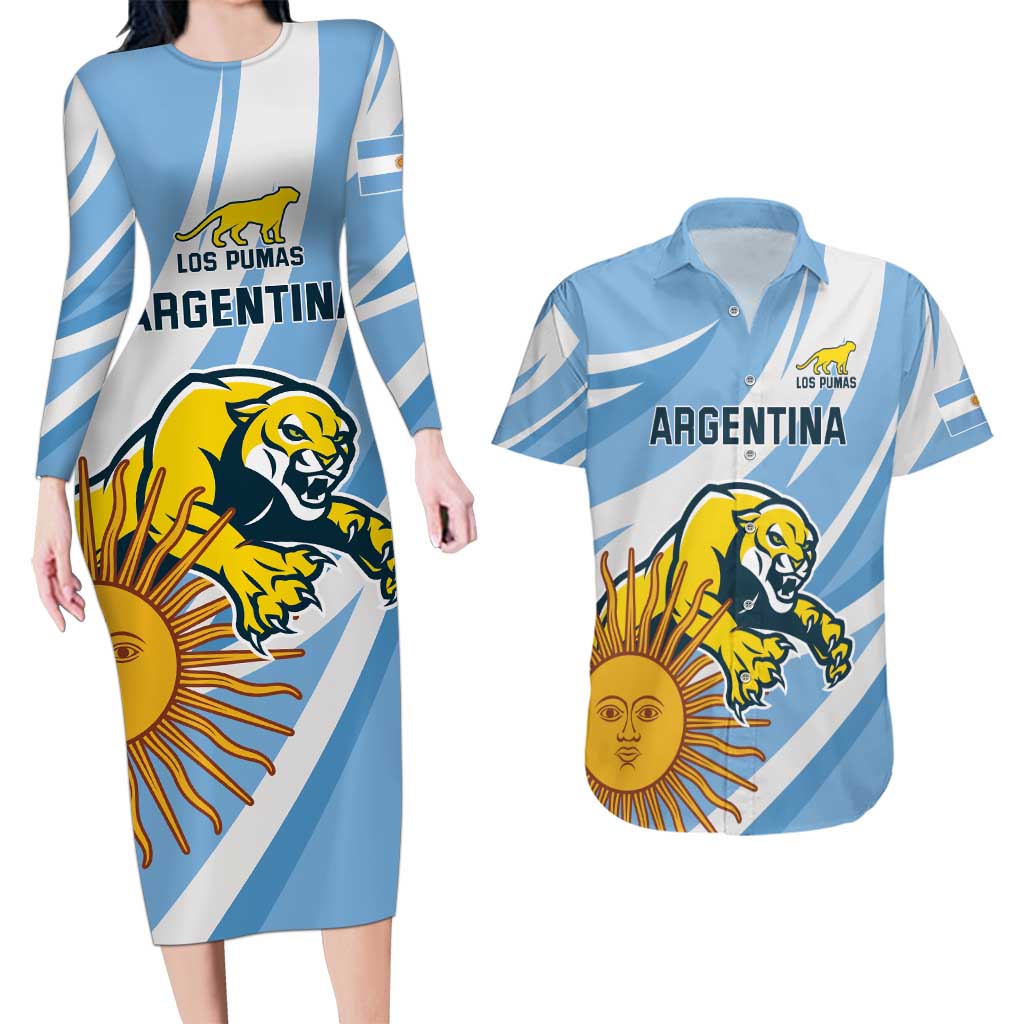 Custom Argentina Rugby Champion Couples Matching Long Sleeve Bodycon Dress and Hawaiian Shirt Los Puma with Sporty Style LT9 - Wonder Print Shop