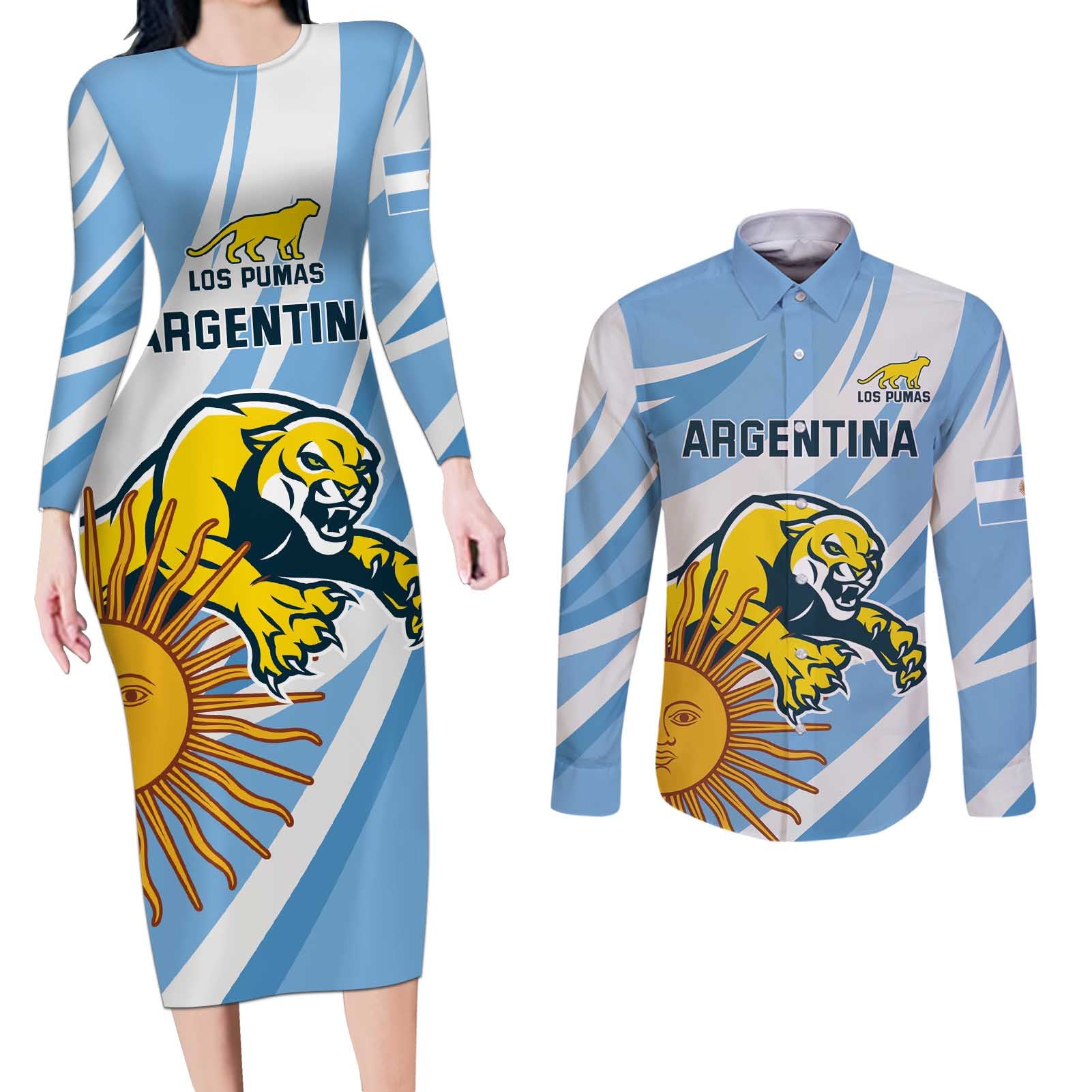 Custom Argentina Rugby Champion Couples Matching Long Sleeve Bodycon Dress and Long Sleeve Button Shirt Los Puma with Sporty Style LT9 - Wonder Print Shop