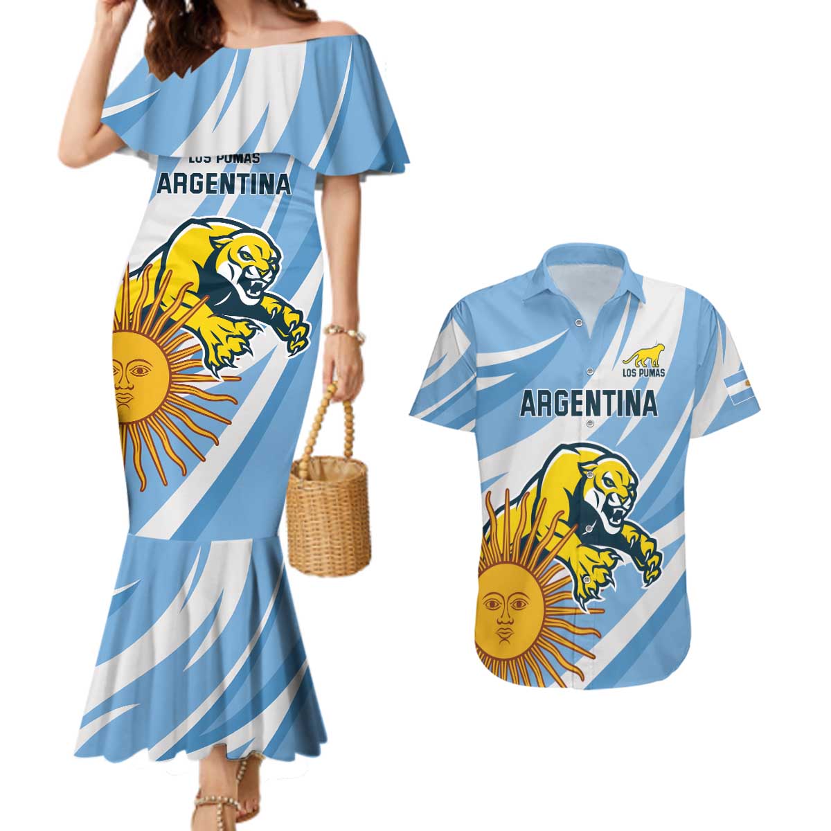 Custom Argentina Rugby Champion Couples Matching Mermaid Dress and Hawaiian Shirt Los Puma with Sporty Style LT9 - Wonder Print Shop