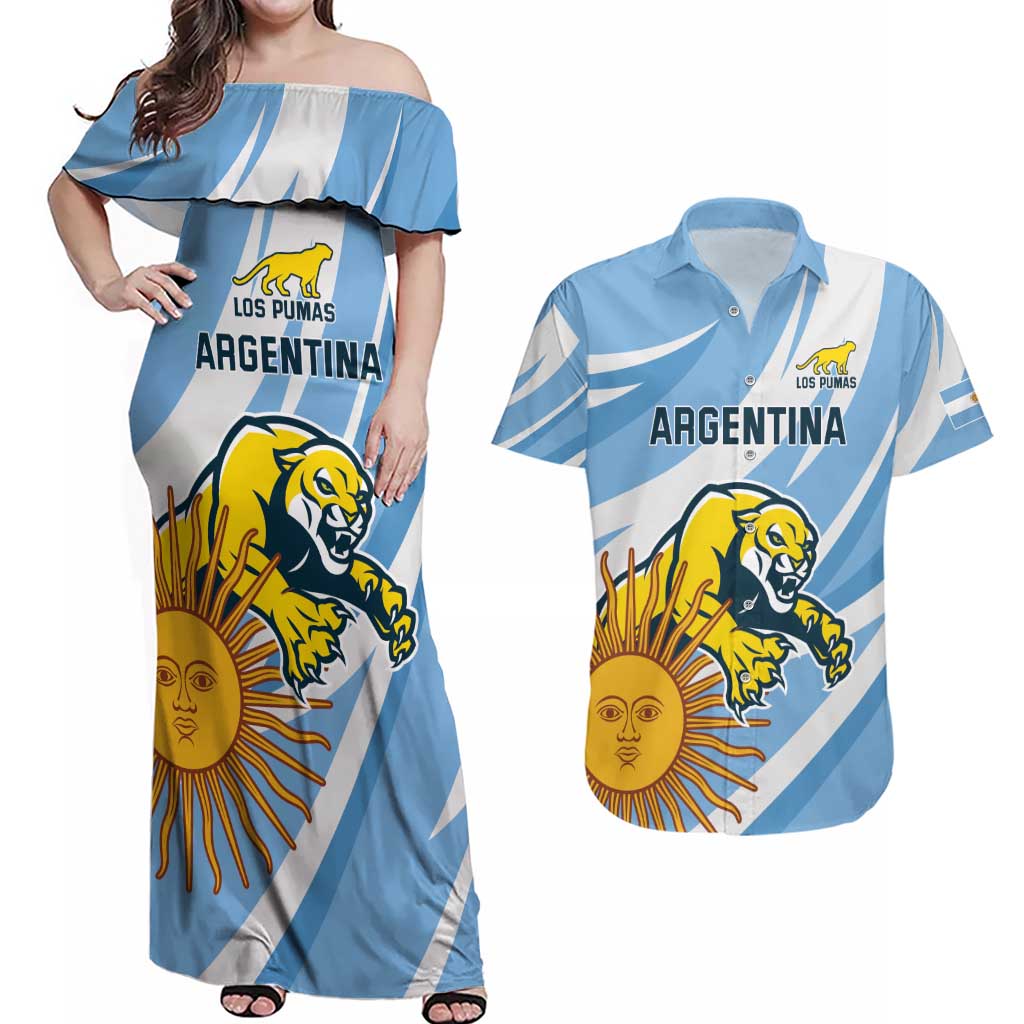 Custom Argentina Rugby Champion Couples Matching Off Shoulder Maxi Dress and Hawaiian Shirt Los Puma with Sporty Style LT9 - Wonder Print Shop