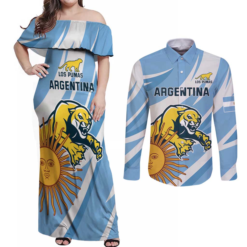 Custom Argentina Rugby Champion Couples Matching Off Shoulder Maxi Dress and Long Sleeve Button Shirt Los Puma with Sporty Style LT9 - Wonder Print Shop