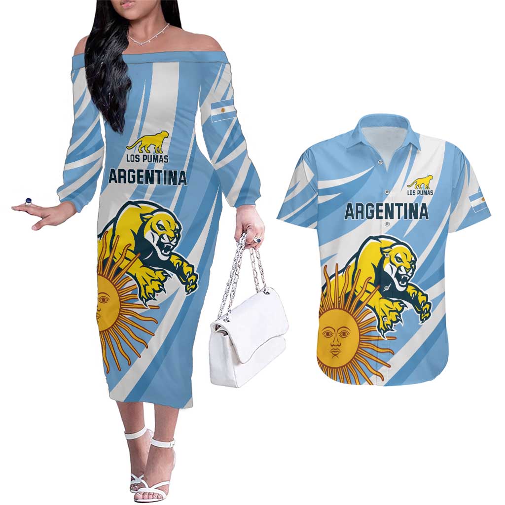 Custom Argentina Rugby Champion Couples Matching Off The Shoulder Long Sleeve Dress and Hawaiian Shirt Los Puma with Sporty Style LT9 - Wonder Print Shop