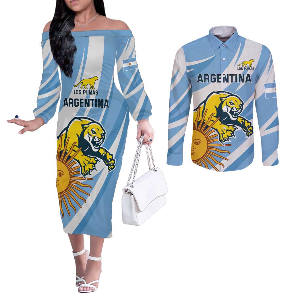 Custom Argentina Rugby Champion Couples Matching Off The Shoulder Long Sleeve Dress and Long Sleeve Button Shirt Los Puma with Sporty Style