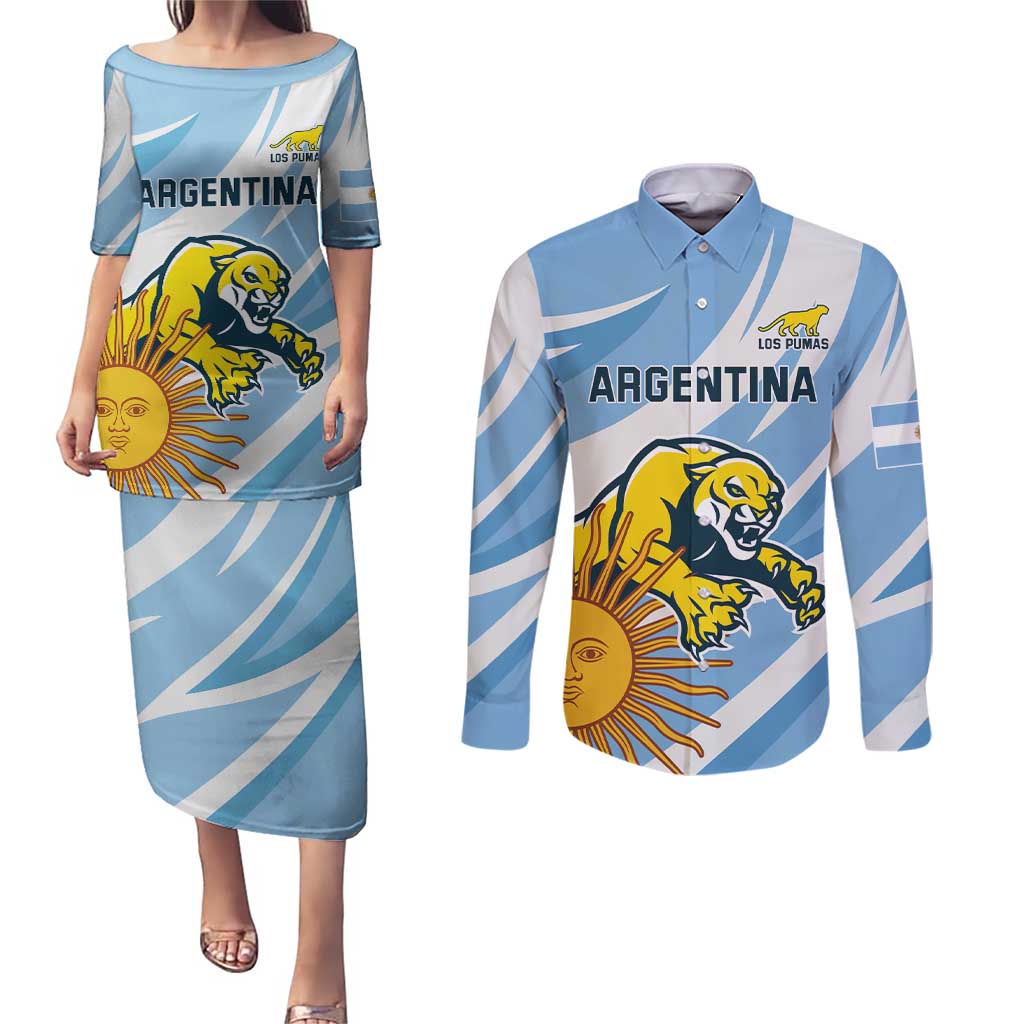 Custom Argentina Rugby Champion Couples Matching Puletasi and Long Sleeve Button Shirt Los Puma with Sporty Style LT9 - Wonder Print Shop