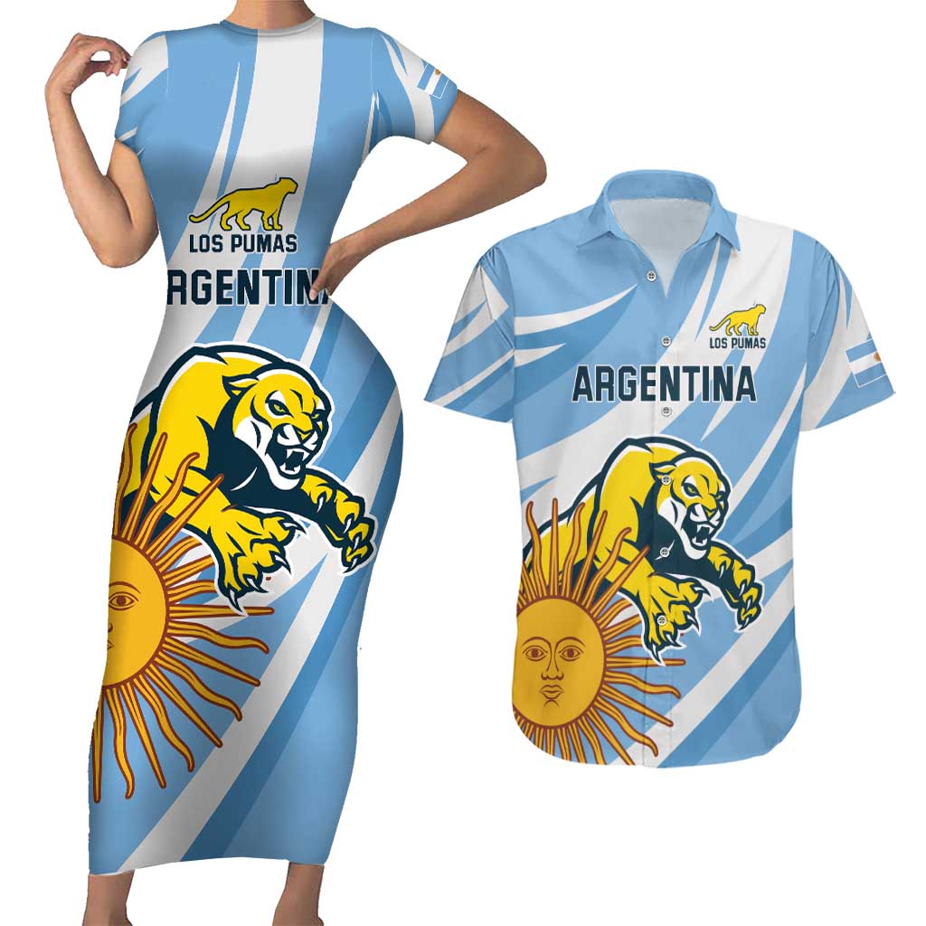 Custom Argentina Rugby Champion Couples Matching Short Sleeve Bodycon Dress and Hawaiian Shirt Los Puma with Sporty Style LT9 - Wonder Print Shop