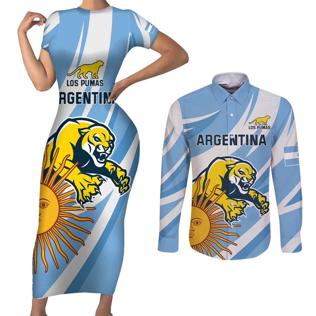 Custom Argentina Rugby Champion Couples Matching Short Sleeve Bodycon Dress and Long Sleeve Button Shirt Los Puma with Sporty Style LT9 - Wonder Print Shop