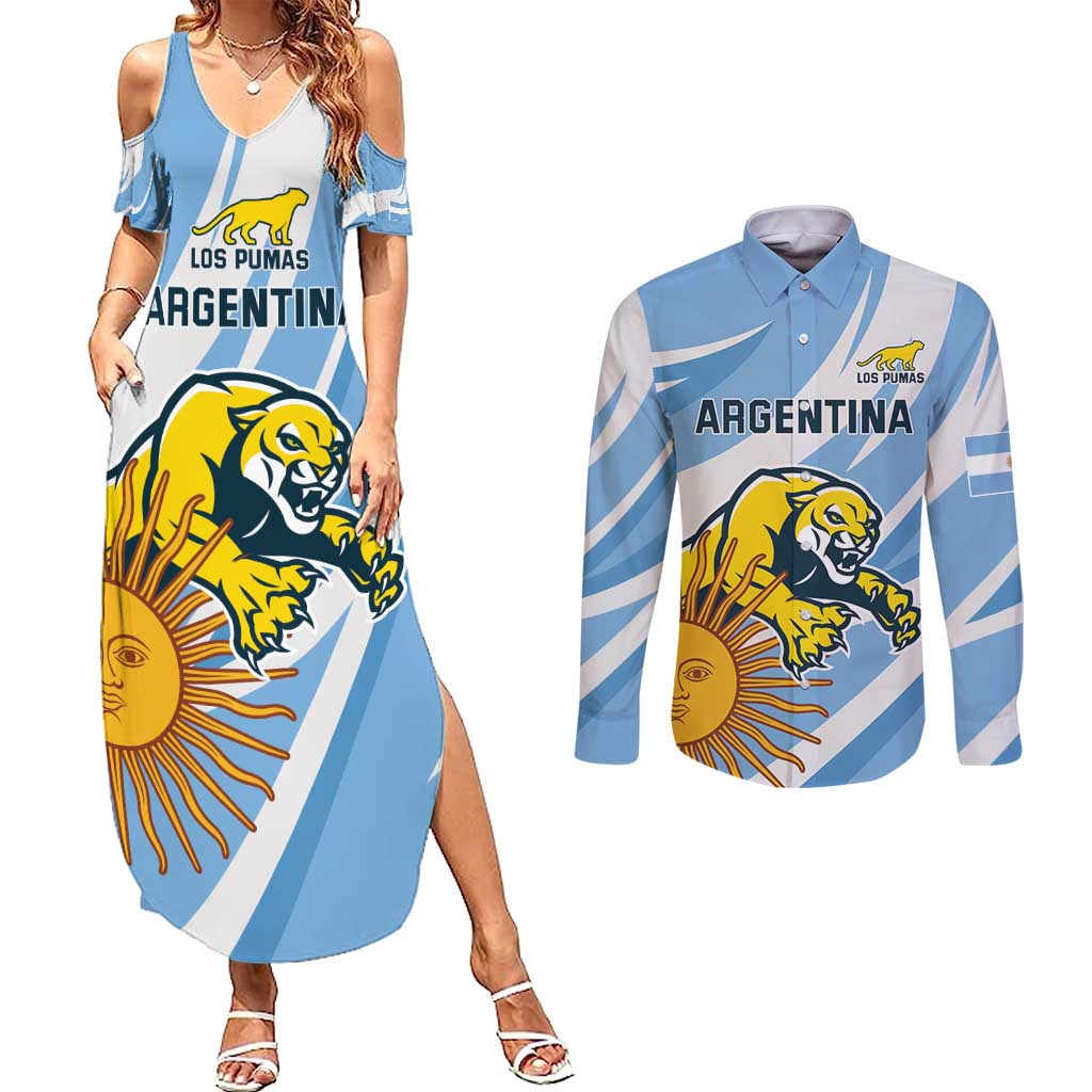 Custom Argentina Rugby Champion Couples Matching Summer Maxi Dress and Long Sleeve Button Shirt Los Puma with Sporty Style LT9 - Wonder Print Shop