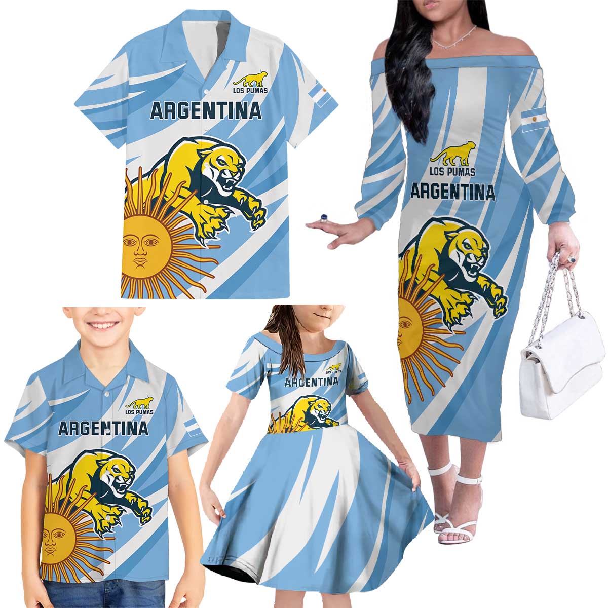 Custom Argentina Rugby Champion Family Matching Off The Shoulder Long Sleeve Dress and Hawaiian Shirt Los Puma with Sporty Style - Wonder Print Shop