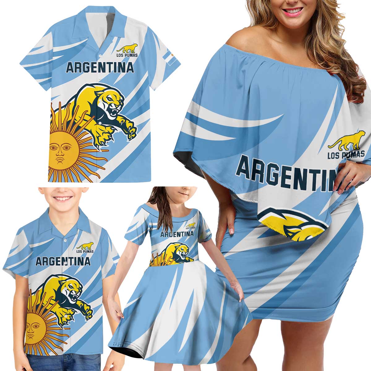 Custom Argentina Rugby Champion Family Matching Off Shoulder Short Dress and Hawaiian Shirt Los Puma with Sporty Style LT9 - Wonder Print Shop