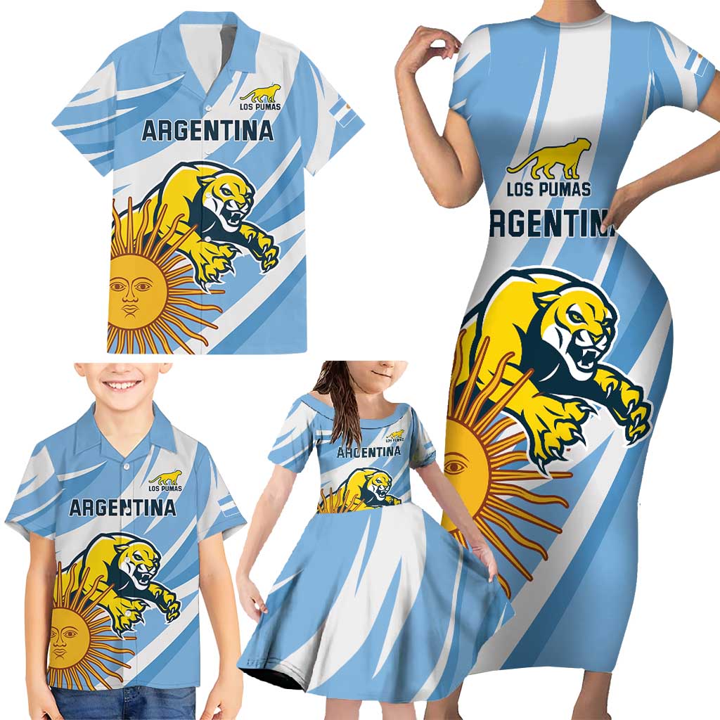 Custom Argentina Rugby Champion Family Matching Short Sleeve Bodycon Dress and Hawaiian Shirt Los Puma with Sporty Style - Wonder Print Shop